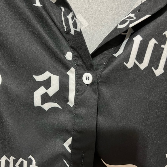 Black with white lettering button down blouse - Picture 6 of 6